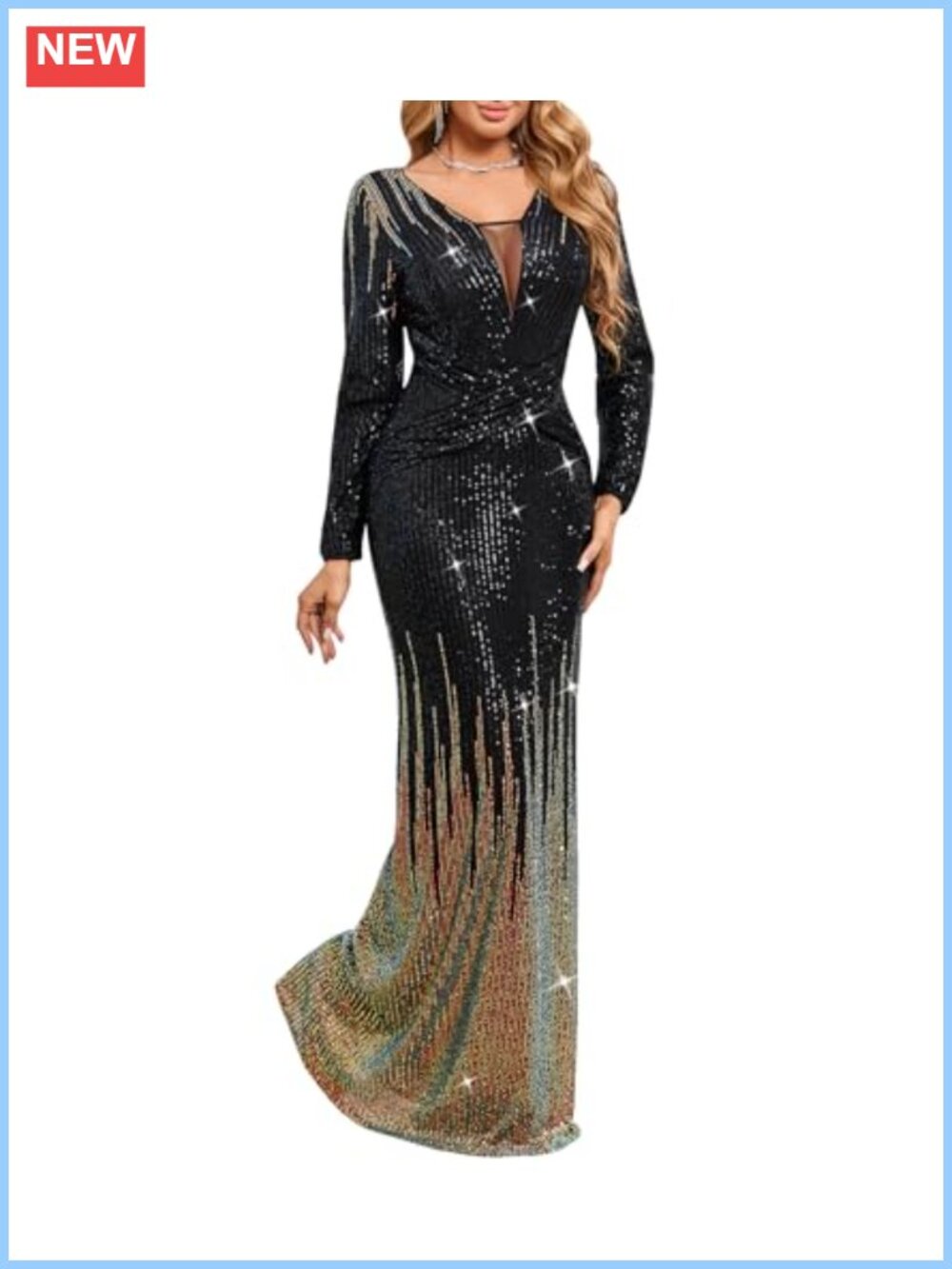Women's Long Sleeve V-Neck Sheath Formal Evening Gown Prom Dress